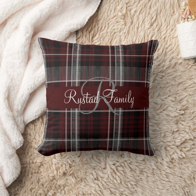 Scotland Tartan Burgundy Grey Plaid Monogram Cushion (Blanket)