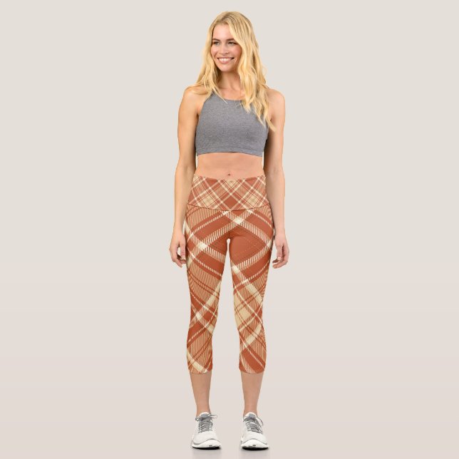Scotland Tartan Plaid Brown White Pattern Capri Leggings (Front)