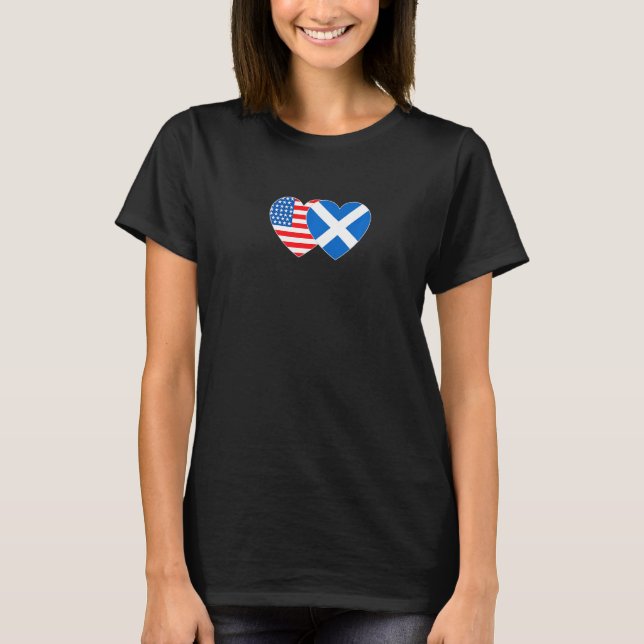 Scotland &USA Flag Twin Heart 4 Scottish Americans T-Shirt (Front)