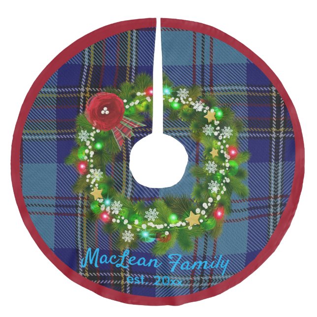 Scots Blue MacLean Tartan Wreath Name Tree Skirt (Front)