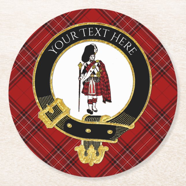 Scotsman Clan Crest Plaid Pattern Round Paper Coaster (Front)