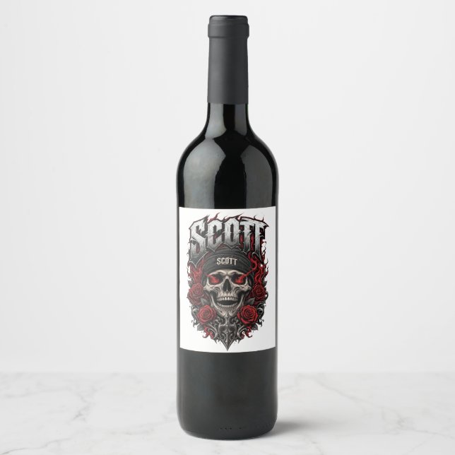 Scott Gothic Skull Personalised Name Design Wine Label (Front)