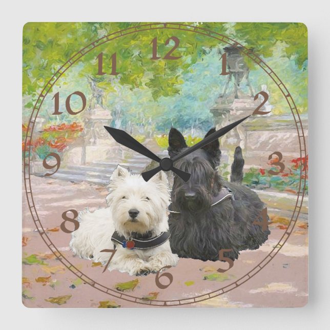 Scottie and Westie in a Garden Square Wall Clock (Front)