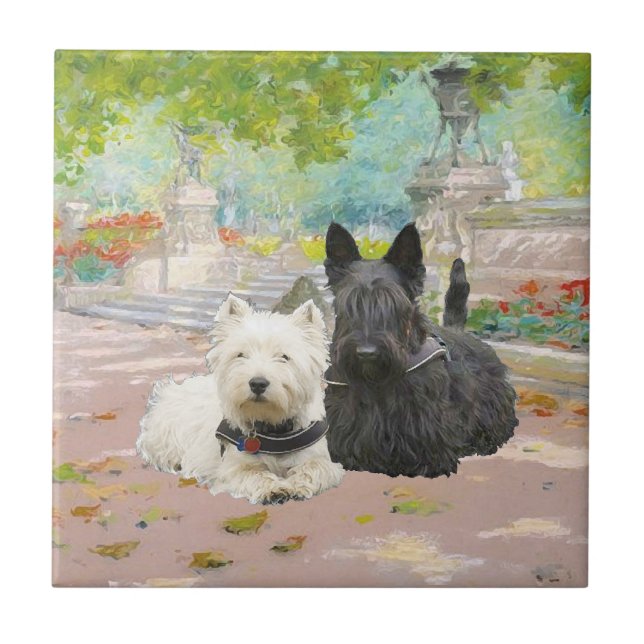 Scottie and Westie in a Garden Tile (Front)