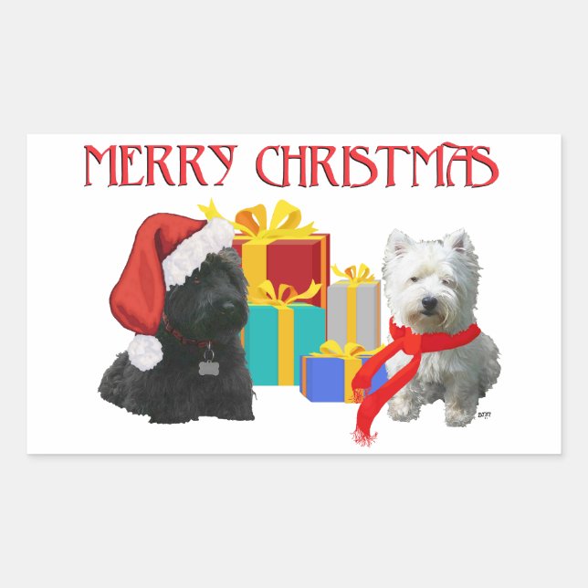 Scottie and Westie Merry Christmas Rectangular Sticker (Front)
