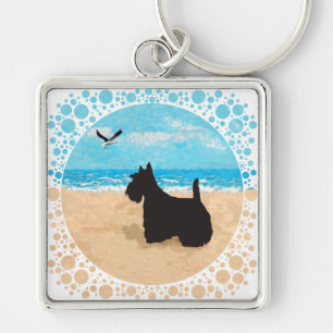 Scottie at the Beach with Seagull Key Ring