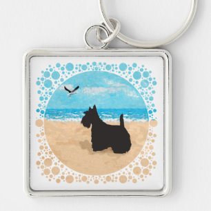 Scottie at the Beach with Seagull Key Ring