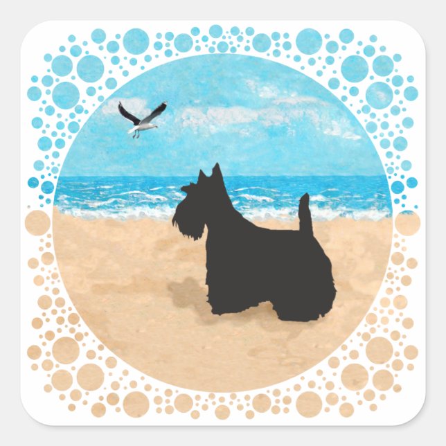 Scottie at the Beach with Seagull Square Sticker (Front)