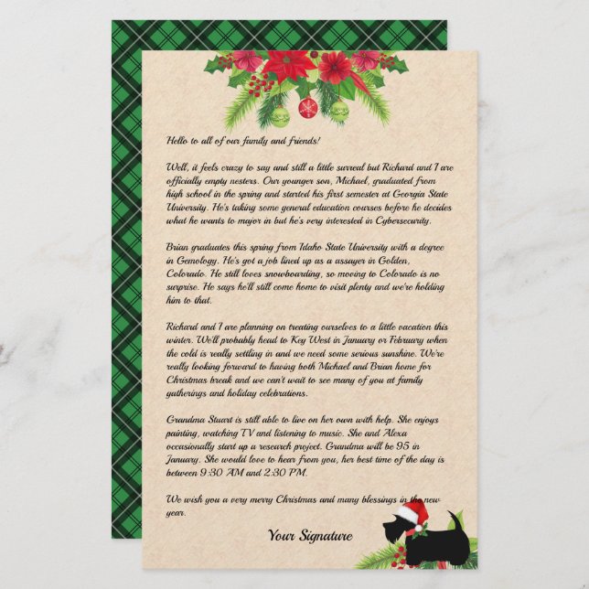 Scottie Christmas Plaid Family Newsletter Custom S Stationery (Front/Back)