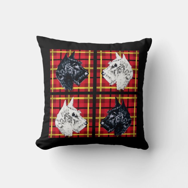 Scottie dog black and white red plaid Scotties Cushion (Front)