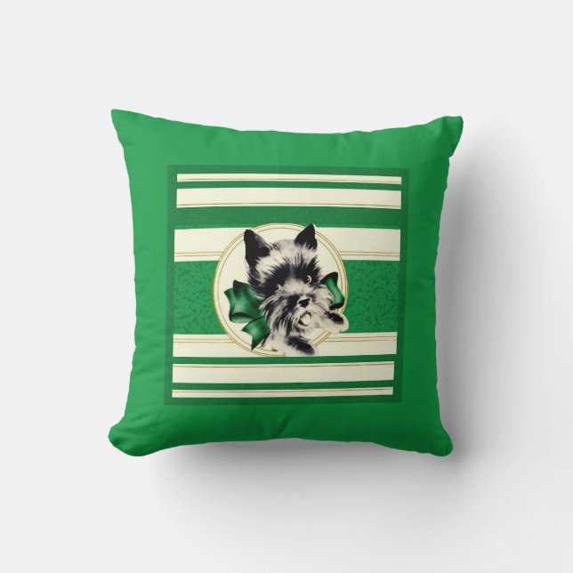 Scottie dog black on green striped background cushion (Front)