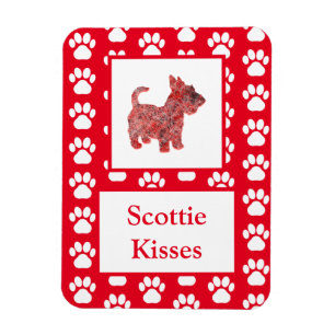 Scottie Dog Kisses Silhouette in Cute Red Grid Magnet