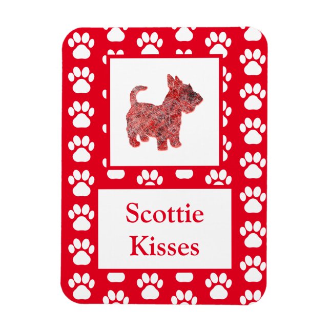 Scottie Dog Kisses Silhouette in Cute Red Grid Magnet (Vertical)