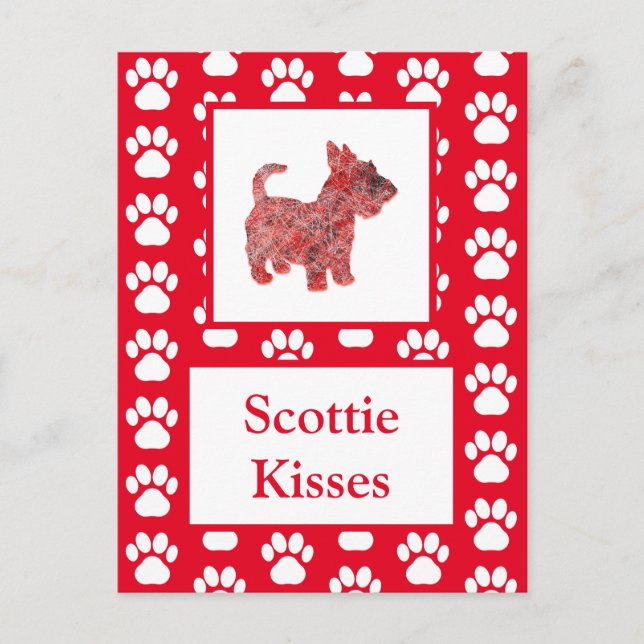 Scottie Dog Kisses Silhouette in Cute Red Grid Postcard (Front)