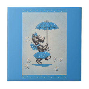 Scottie dog lady carrying umbrella ceramic tile