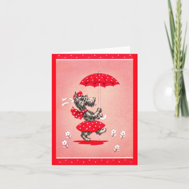 Scottie dog lady carrying umbrella note card (Front)