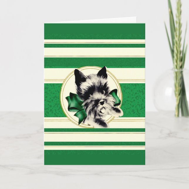 Scottie Dog Merry Christmas  green stripe card (Front)