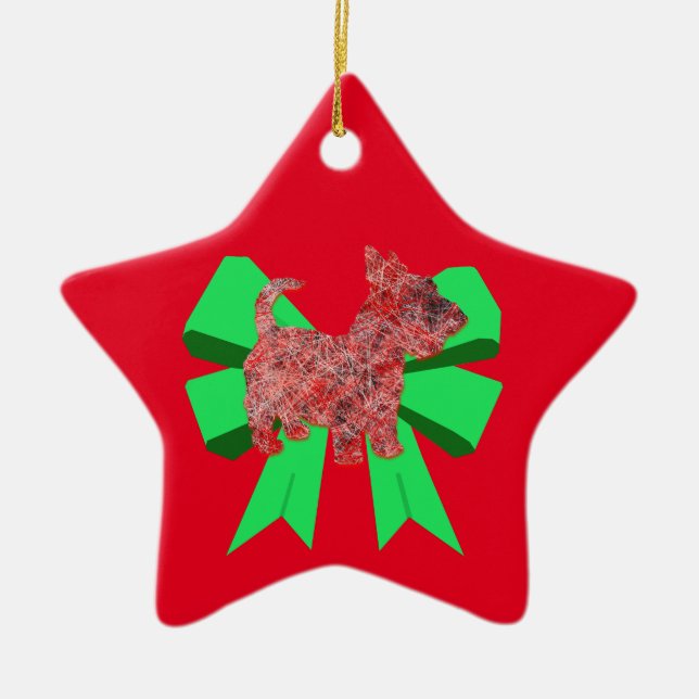 Scottie Dog Silhouette Green Bow Christmas Ceramic Ceramic Ornament (Front)