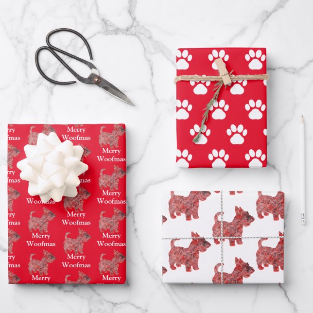 Scottie Dog Silhouette Red Merry Woofmas Wrapping Paper Sheet (Front)