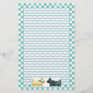 Scottie Dog Teal Green Watercolor Checks Lined Stationery