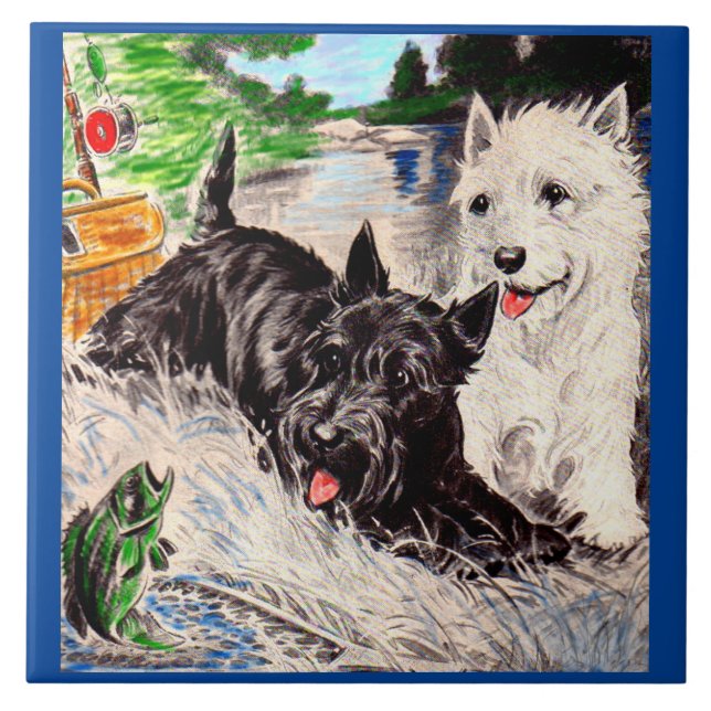 Scottie dogs Blackie and Whitie fishing Ceramic Tile (Front)