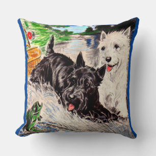 Scottie dogs Blackie and Whitie fishing Cushion