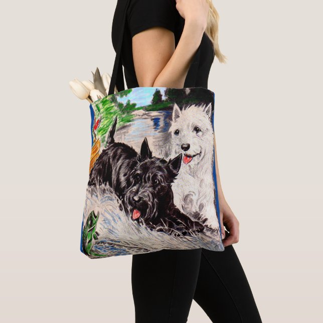 Scottie dogs Blackie and Whitie fishing Tote Bag (Close Up)