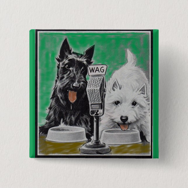 Scottie dogs Blackie and Whitie on the radio 15 Cm Square Badge (Front)