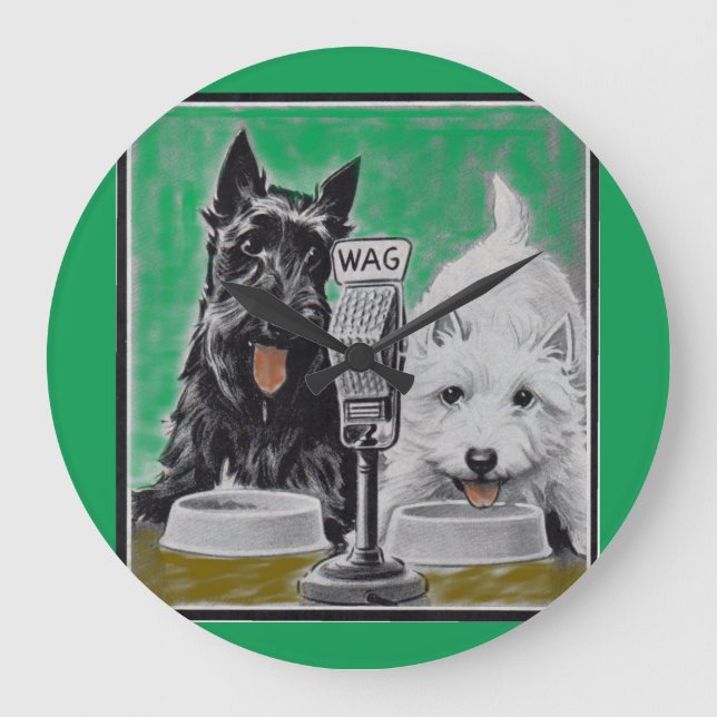 Scottie dogs Blackie and Whitie on the radio Large Clock (Front)