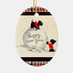 Scottie dogs happy new year ceramic ornament