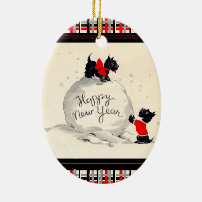 Scottie dogs happy new year ceramic ornament (Back)