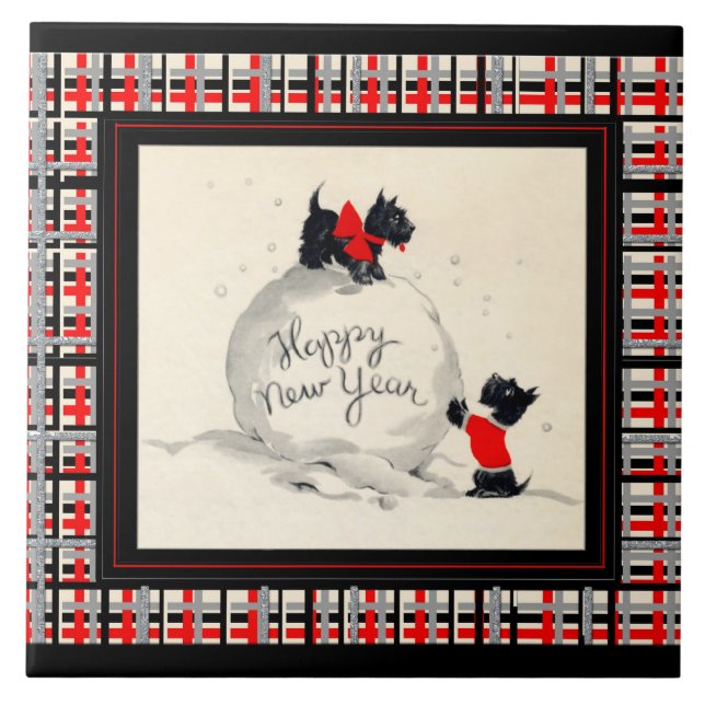 Scottie dogs Happy New Year Ceramic Tile (Front)