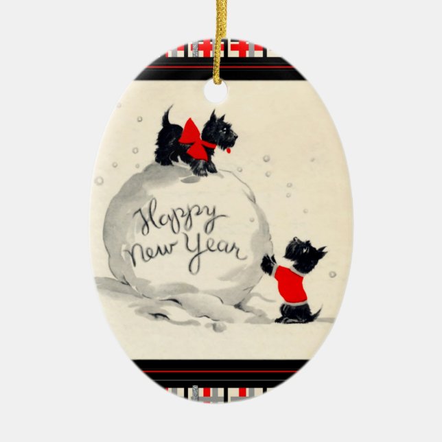 Scottie dogs Happy New Year Ceramic Tree Decoration (Front)
