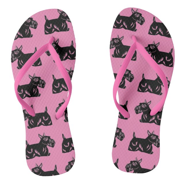 Scottie Dogs Pattern Pink and Black Flip Flops (Footbed)