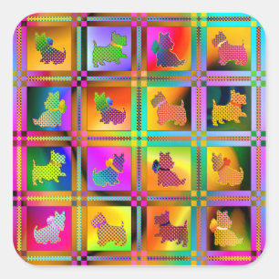 Scottie Dogs Silhouettes in Colorful Grid Pattern Square Sticker