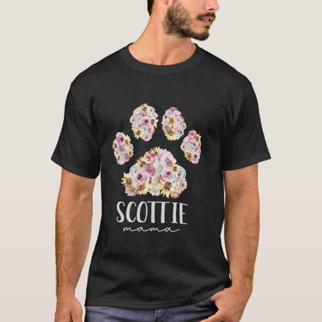 Scottie Mama Floral Dog Paw Scottish Terrier Mum  T-Shirt (Front)