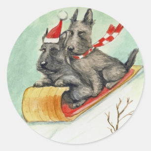 "Scottie Sleigh Ride" Dog Art Stickers