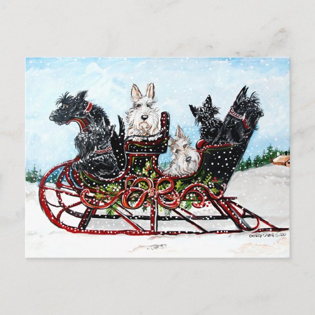 Scottie Sleigh Ride Holiday Postcard (Front)