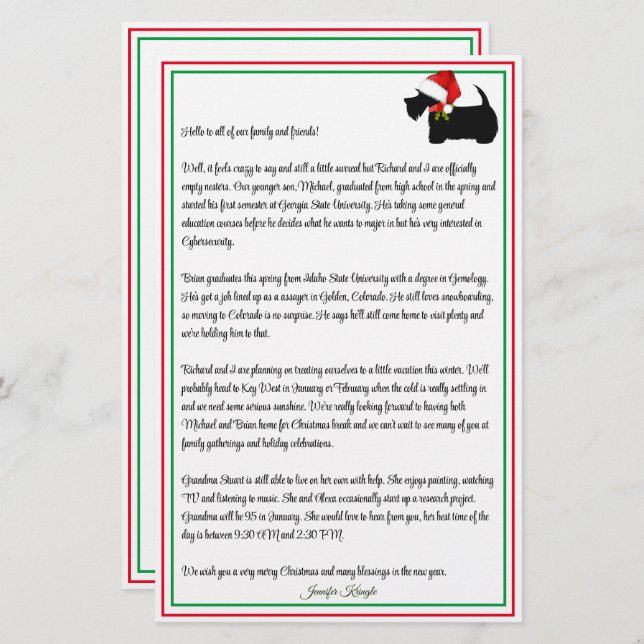 Scottie Terrier Personalised Christmas Newsletter (Front/Back)
