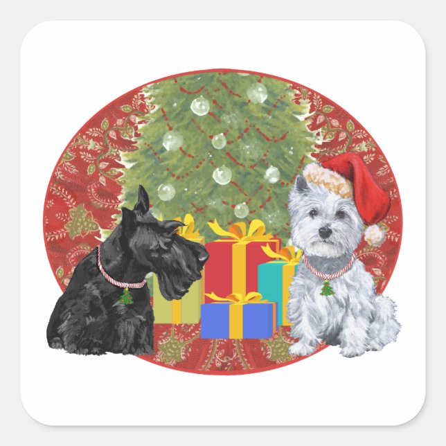 Scottie & Westie Christmas Square Sticker (Front)
