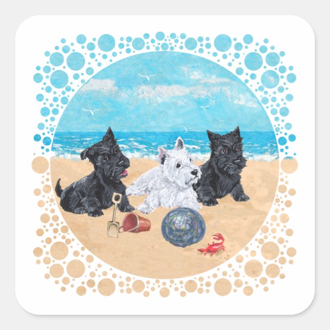 Scottie & Westie Pups at the Beach Square Sticker (Front)