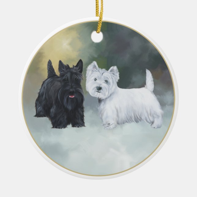 Scottie Westie Wintertime Ceramic Tree Decoration (Front)