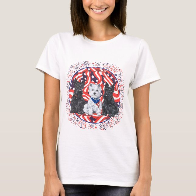 Scotties and a Westie American Flag T-Shirt (Front)