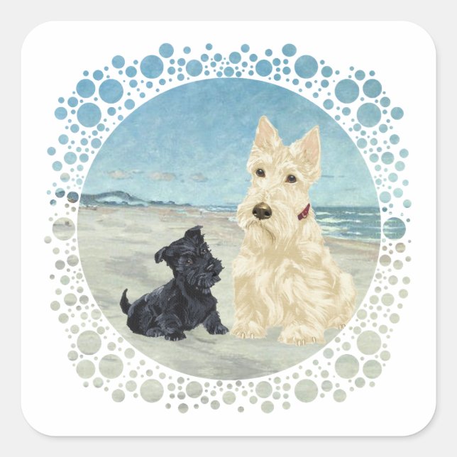 Scotties at the Beach, Wheaten & Black Pup Square Sticker (Front)