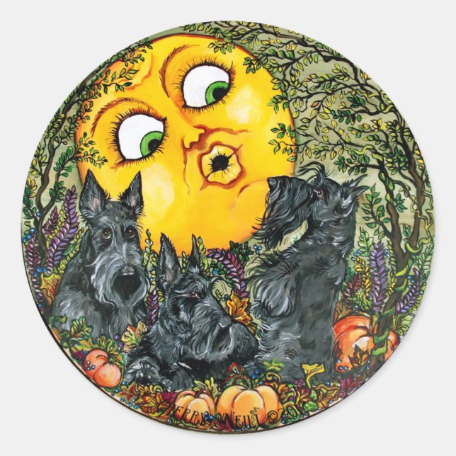 Scotties in Moonlight Classic Round Sticker (Front)
