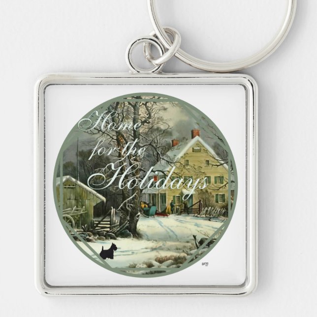 Scotties in Winter, Home for the Holidays Key Ring (Front)