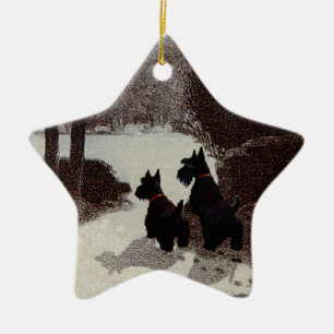 Scotties on Surreal Winter Night Ceramic Ornament