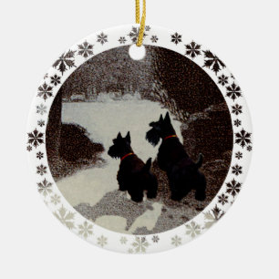 Scotties on Surreal Winter Night Ceramic Ornament