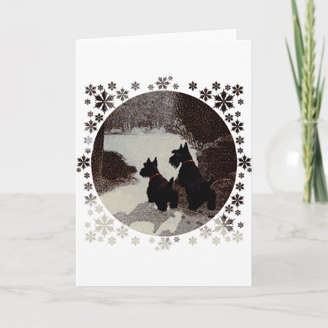 Scotties on Surreal Winter Night Holiday Card (Front)