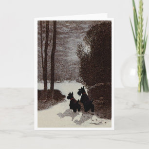 Scotties on Surreal Winter Night Holiday Card